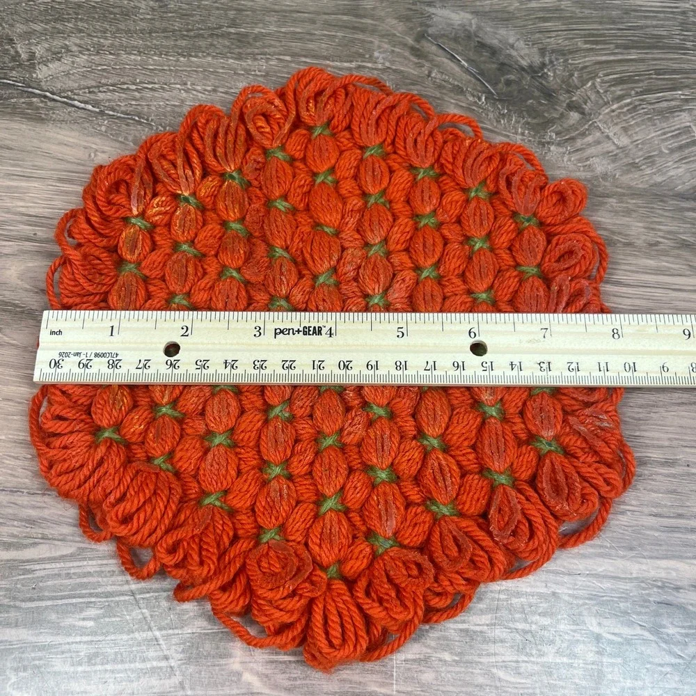 Handmade Loom Knit Yarn Trivets Set of 3 Orange Brown Retro Hot Pads 8 in